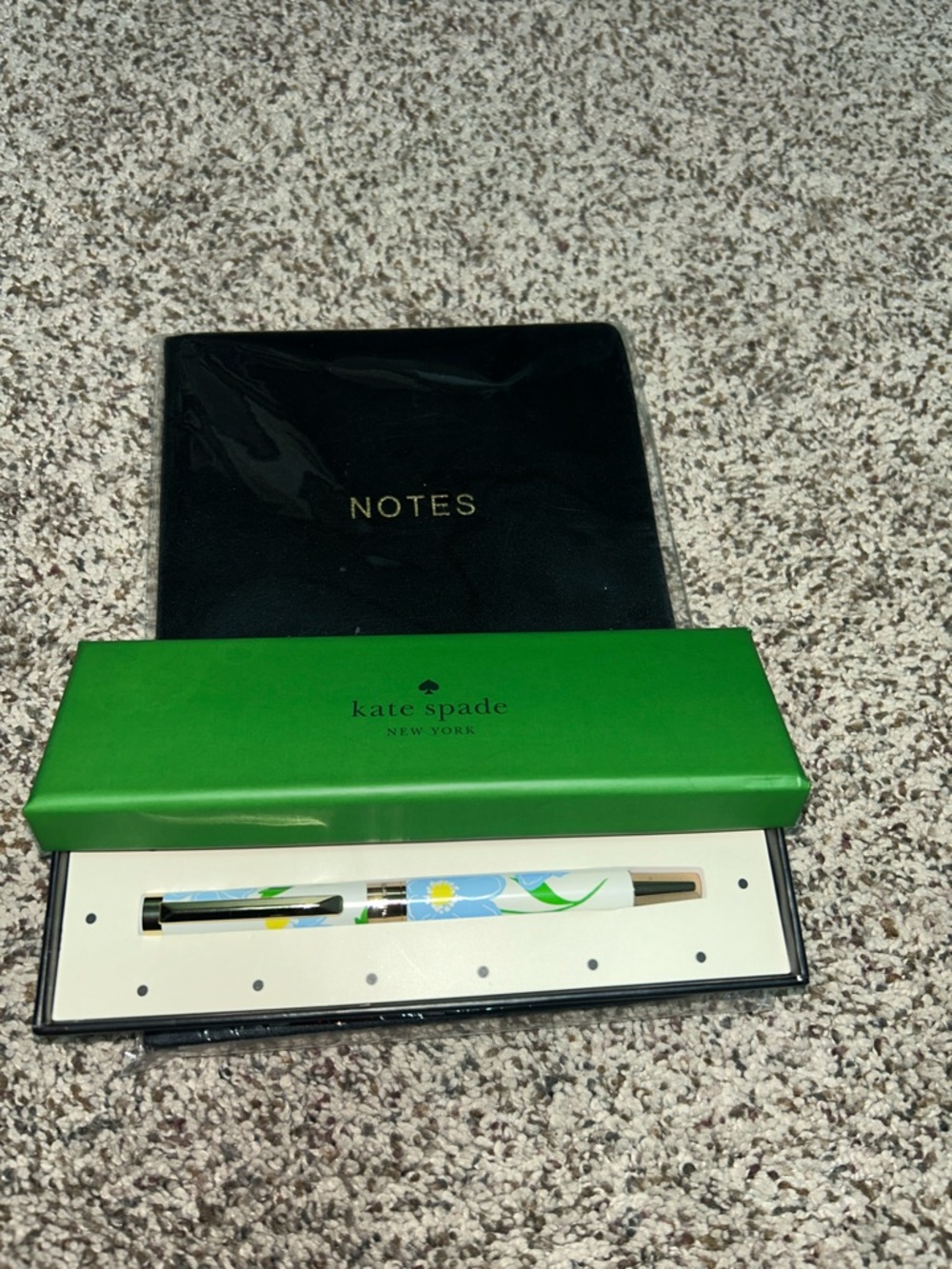 kate spade Blue & White Floral Ballpoint Pen with silver Trim& black  notebook